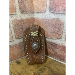 Nocona Phone Holder Case Leather Round Concho Studded Brown Basket Weave W/Clip